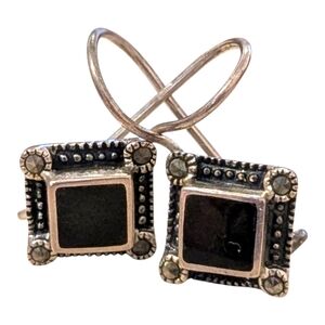 Vintage estate Black Onyx Square 925 Sterling Silver rare black rhinestone
